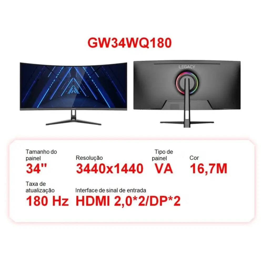 Monitor Gamer Curvo 34" 180Hz 1ms Full HD R1500 Legacy GW34WQ180 2 HDMI 2 DisplayPort Freeysnc G-sync