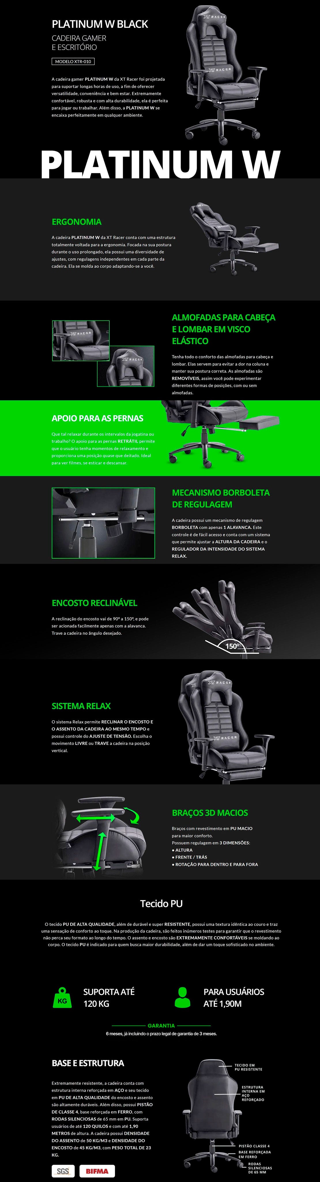 Cadeira Gamer XT Racer Reclinável Giratória Preta Platinum W Series