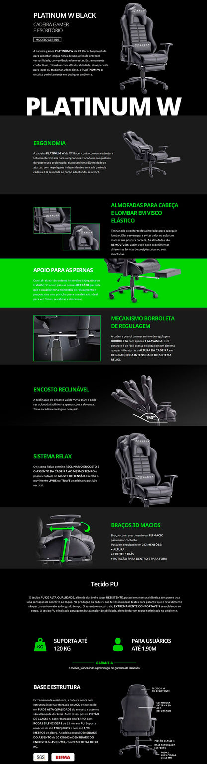 Cadeira Gamer XT Racer Reclinável Giratória Preta Platinum W Series